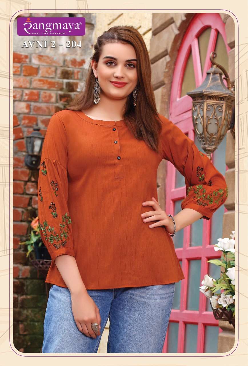 Rangmaya-avni Vol-2-fabric-rayon-imported-sleeves-work-short-top-kurti-204